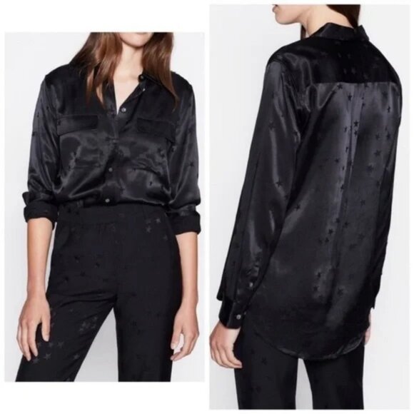 NWT EQUIPMENT x Tabitha Simmons Black Satin Star Blouse size S - Picture 1 of 6